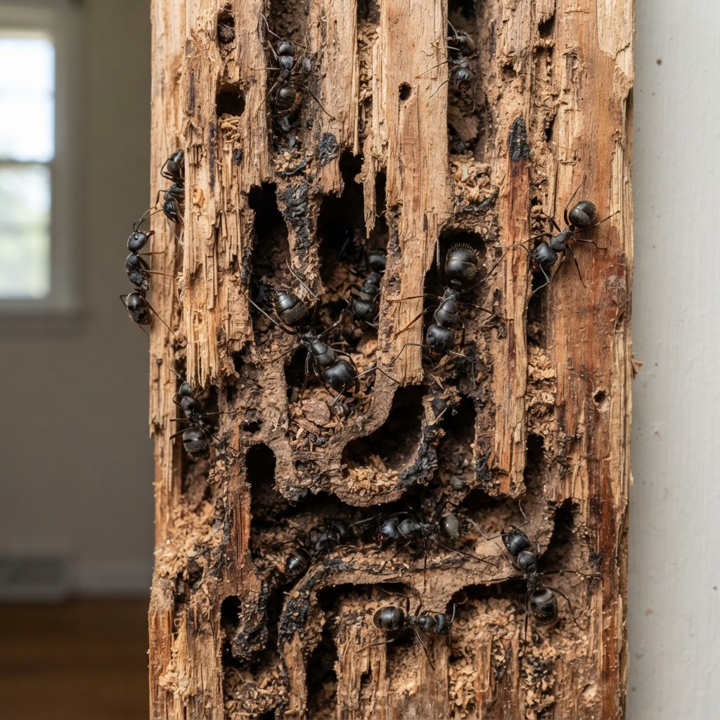 Close-up of carpenter ants on a damaged wooden door frame