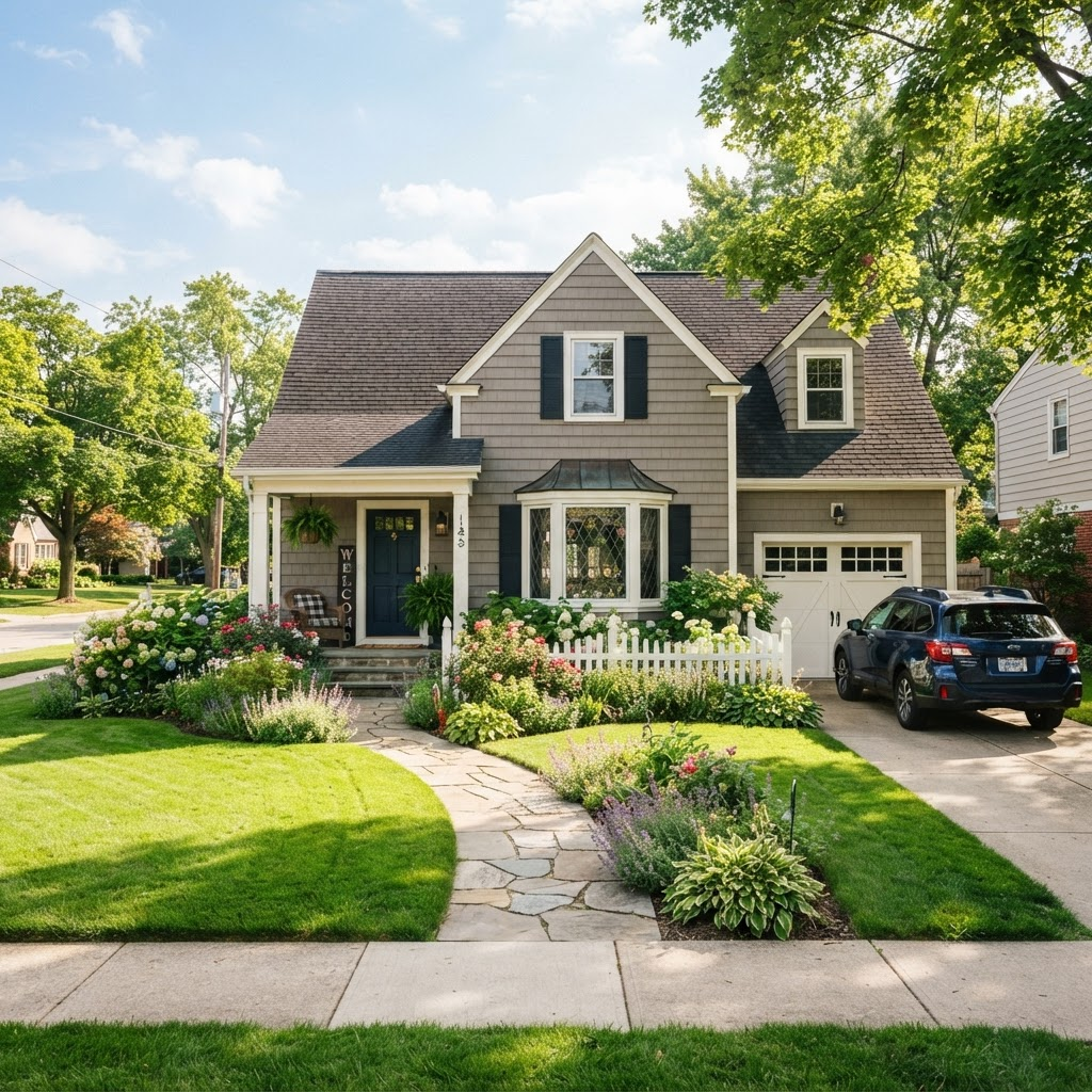 A clean, well-maintained suburban home with a lush green lawn