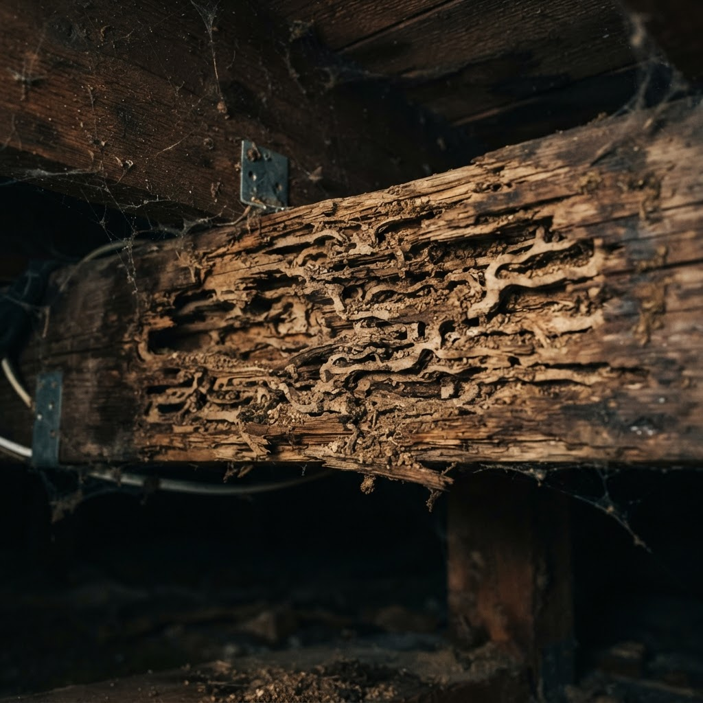 Close-up of termite damage on a wooden structural beam