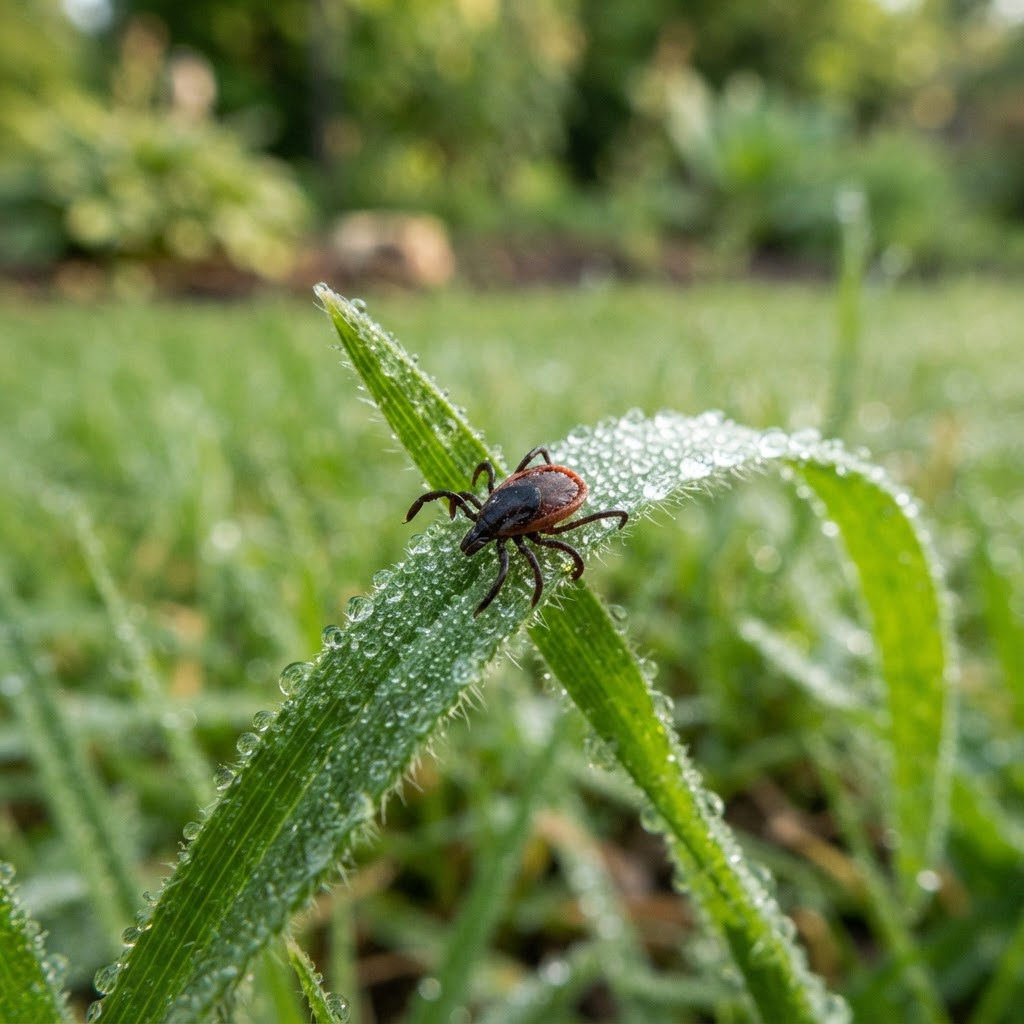 Macro photograph of a deer tick on a blade of grass in a backyard
